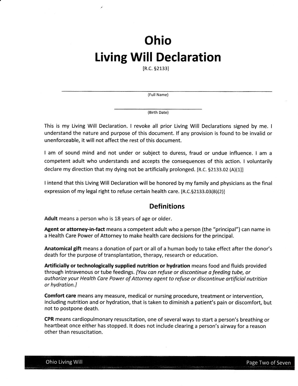 Ohio Living Will Declaration Form Camp Washington